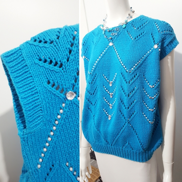 Vintage 80's Magnolia💙Turquoise Blue Embellished Sleeveless Knitted Top - Picture 3 of 10